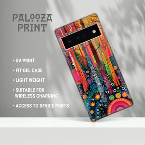 Angled display of vertical multicolor dots and stripes on an Aboriginal dot art phone case, lightweight TPU protective case