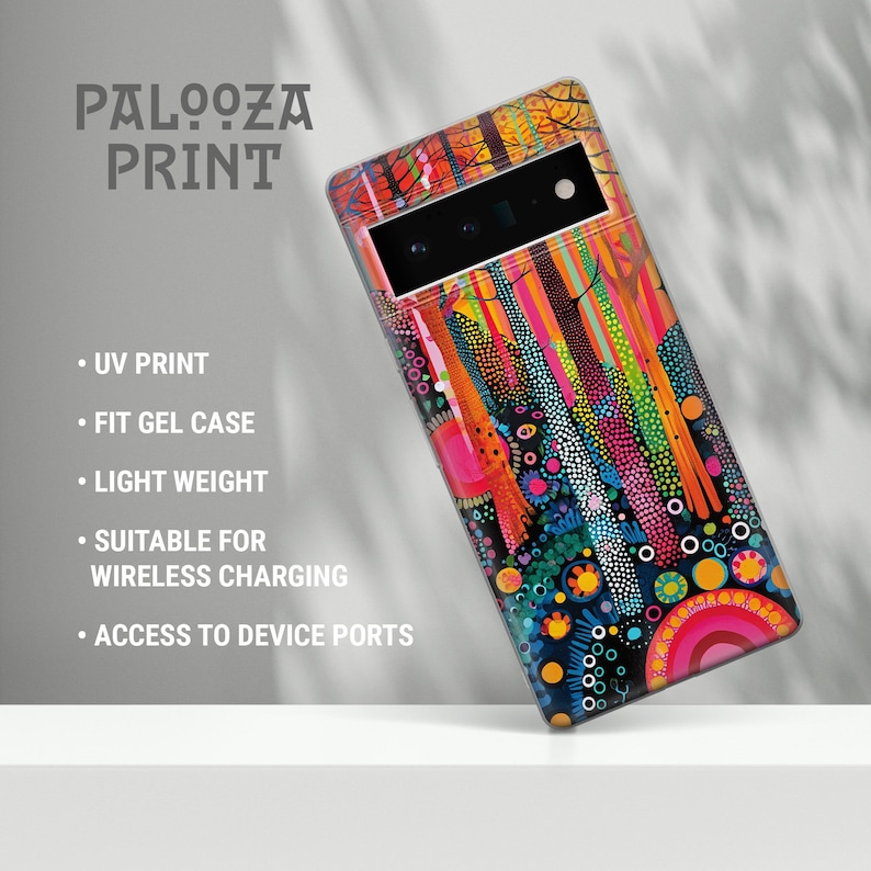 Angled display of vertical multicolor dots and stripes on an Aboriginal dot art phone case, lightweight TPU protective case