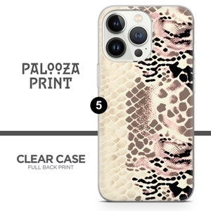 May include: A clear phone case with a snake skin pattern in shades of brown, black, and white. The case is designed for an iPhone with a camera bump. The text "PALOOZA PRINT" is visible in the image.