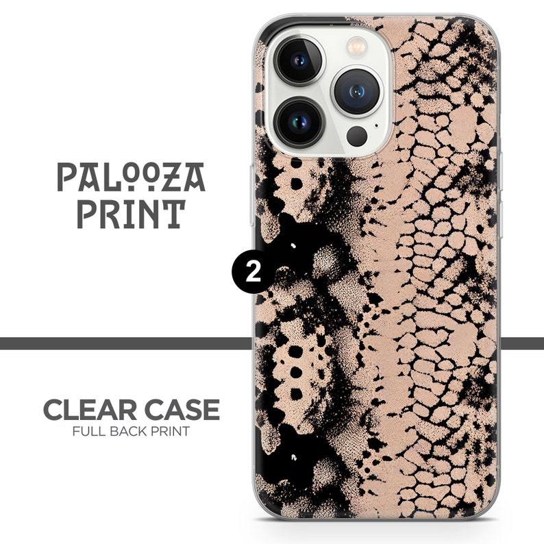 May include: A clear phone case with a black and gold snake skin pattern. The case is designed for an iPhone with a camera bump. The text "PALOOZA PRINT" is printed on the case.
