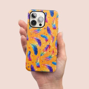 Phone Case for iPhone 16 15 14 13 12 Pro Max Plus Mini, Samsung Galaxy S24 S23 S22 Plus Ultra, Google Pixel 9 Pro | Colorful feather pattern