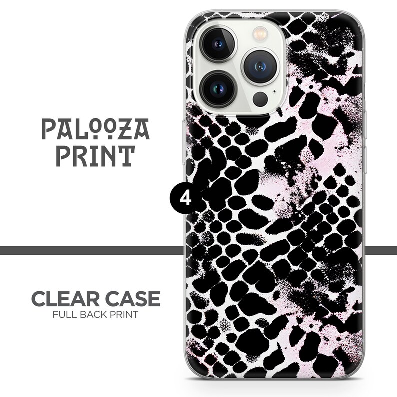 May include: A clear phone case with a black and white snake skin pattern. The case has a full back print and says "PALOOZA PRINT" on the back.