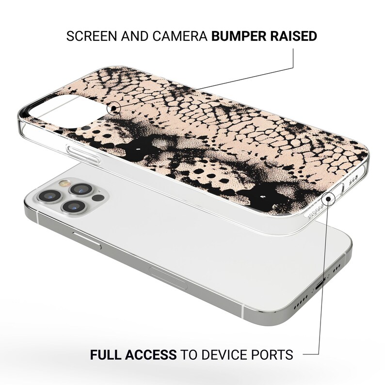 May include: A clear phone case with a raised black and beige snake skin pattern. The case has a raised bumper to protect the screen and camera. The text "SCREEN AND CAMERA BUMPER RAISED" is at the top of the image. The text "FULL ACCESS TO DEVICE PORTS" is at the bottom of the image.