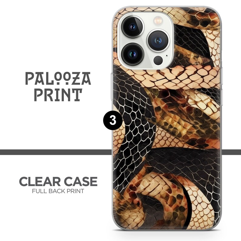 May include: A clear phone case with a full back print of a snake skin pattern in shades of brown, black, and white. The case is designed for an iPhone with a triple camera lens.