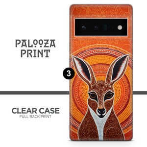 Centered orange kangaroo portrait rendered in dots on an Aboriginal dot art phone case, Australian animal phone case style