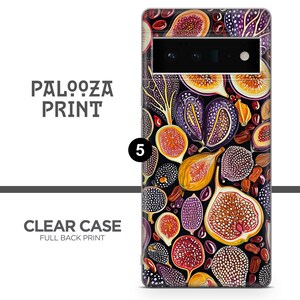 Close crop of purple and peach circular motifs on an Aboriginal dot art phone case, colorful art phone case with raised bumper
