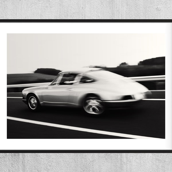 Vintage Porsche 911 in action - Classic Porsche Poster - Black And White Minimalist UNFRAMED Print Interior Decor