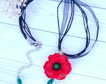 Halsketten und Anhänger Mohnblume, Anhänger Mohnblume, rote Mohnblumen, Hochzeitsschmuck, Tonschmuck, Frauengeschenk, Mohnblume, rote Blumen