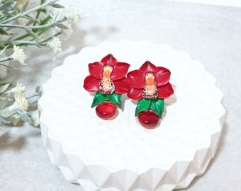 Red orchids, Earrings orchid, Red flowers , Dangling earrings, Jewelry flowers, Jewelry orchid, Women gift, Orchids flowers, Clay jewelry