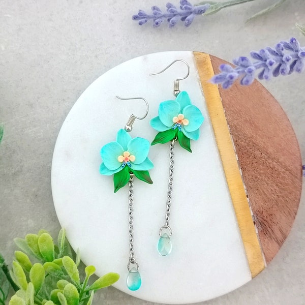 Turquoise earrings, Orchid earrings, Dangle earrings, Flower earrings, Floral jewelry, Blue flower, Beautiful flower, Women gift, Jewelry