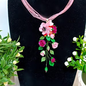 Anemone and rose flowers, Pink flowers, Jewelry flowers, Necklace and pendants, Realistic flower, Wedding jewerly, Clay jewelry, Women gifts
