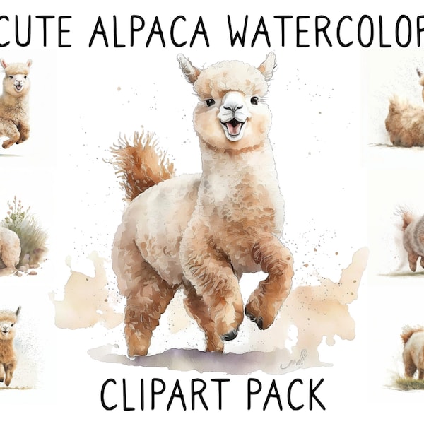 Cute and Funny Watercolor Alpaca Clipart Bundle for Crafts and Designs, Instant Download, digital clipart watercolor graphics,commercial use