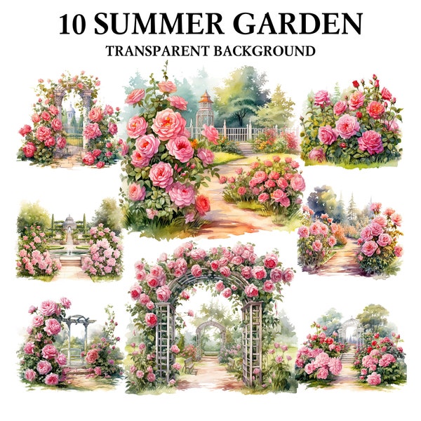 Clipart jardin d'été aquarelle, clipart usage commercial, conception aquarelle, PNG, clipart banc de parc, coin lecture confortable, assis en plein air