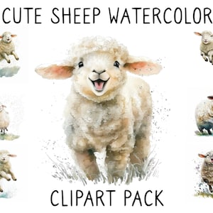 Cute and Funny Watercolor Sheep Clipart Bundle for Crafts and Designs, Instant Download, digital clipart watercolor graphics ,commercial use