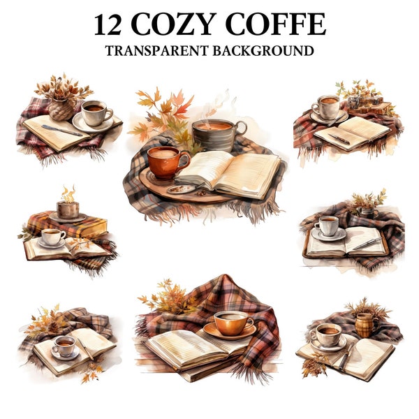 Watercolor Cozy Coffee Clipart, Book and Coffee Clip Art, Book Bundle PNG, Vintage Coffee Pots, Cup Of Coffee, Coffee and Books, Commercial