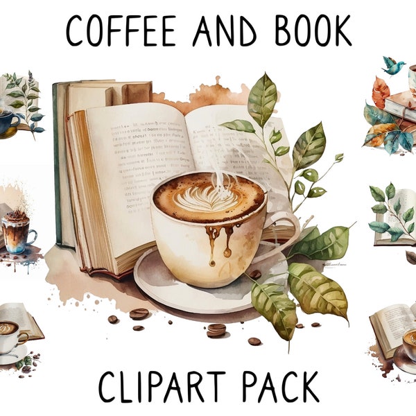 Watercolor Coffee Clipart, Book and Coffee Clip Art, Book Bundle PNG, Vintage Coffee Pots, Cup Of Coffee, Coffee and Books, Commercial Use