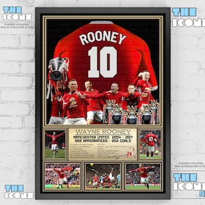 May include: A framed sports collage featuring Wayne Rooney in a red Manchester United jersey. The display includes the name ROONEY and number 10, multiple action photos, a list of career statistics, and a printed signature on a gold background.
