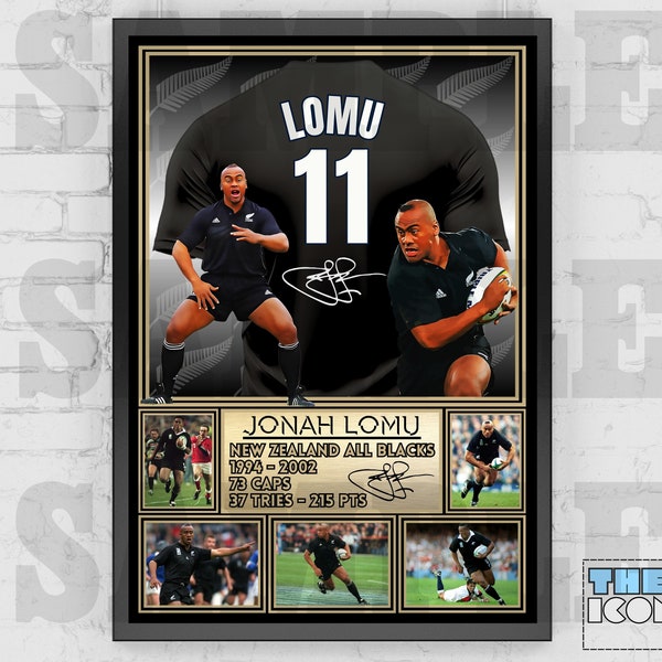 Jonah Lomu Nieuw-Zeeland All Blacks Rugby Legend Shirt Back Print / Poster / Ingelijste memorabilia / Collectible / Gesigneerd