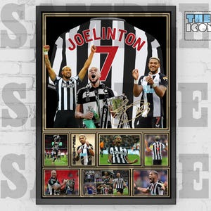 May include: A framed black and white photo collage of a soccer player wearing a black and white striped jersey with the name "JOELINGTON" on the back. The collage includes photos of the player celebrating with the team and holding a trophy.