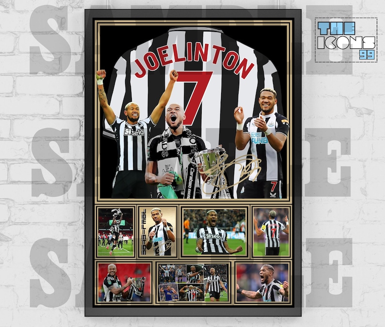 May include: A framed black and white photo collage of a soccer player wearing a black and white striped jersey with the name "JOELINGTON" on the back. The collage includes photos of the player celebrating with the team and holding a trophy.