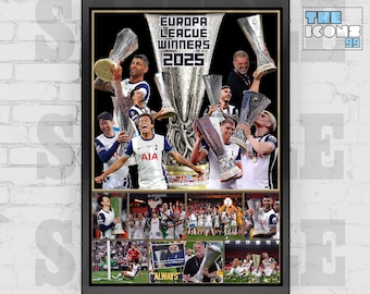 May include: A framed poster featuring a collage of images related to a soccer team's victory. The central image displays a large trophy with the text "EUROPA LEAGUE WINNERS 2025". Surrounding images show players holding trophies and celebrating.