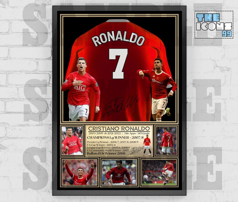 May include: A framed poster featuring a red soccer jersey with the name "RONALDO" and the number "7" on the back. The poster also includes photos of Cristiano Ronaldo in action, along with his career statistics and achievements, including "Champions Lg Winner - 2007/8" and "Ballon d'Or Winner 2008".