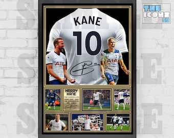 May include: A framed print of a white soccer jersey with the name "KANE" and the number "10" on the back. The jersey is signed by Harry Kane. The print includes photos of Kane playing soccer in different games.