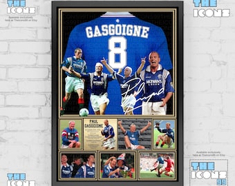 Stampa sul retro della maglia della leggenda del calcio dei Rangers Paul Gasgoigne / Poster / Cimelio incorniciato / Oggetto da collezione / Firmato