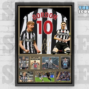 May include: A framed black and white photo of a soccer player wearing a jersey with the name "GORDON" and the number "10" on the back. The photo includes multiple smaller images of the player in different poses.