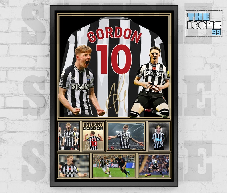 May include: A framed black and white photo of a soccer player wearing a jersey with the name "GORDON" and the number "10" on the back. The photo includes multiple smaller images of the player in different poses.