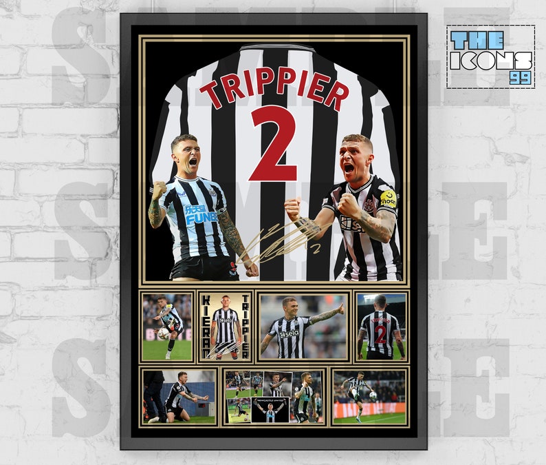 May include: A framed black and white photo of a soccer jersey with the name "Trippier" and the number "2" on the back. The jersey is surrounded by smaller photos of soccer players in action.
