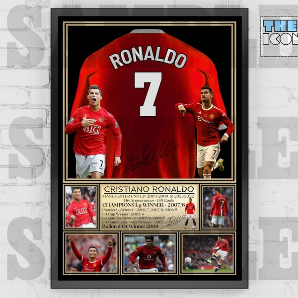 Maillot de football Man United Legend Cristiano Ronaldo, impression au dos / Poster / Souvenirs encadrés / Objet de collection / Signé