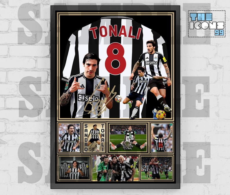 May include: Framed artwork featuring a soccer jersey with the name "TONALI" and the number "8" in red. The artwork includes multiple images of a soccer player in a black and white striped jersey, with the text "THE ICONS 99" in the upper right corner.
