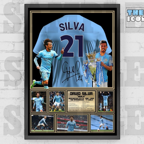 Camisa de futebol do Manchester City Legend David Silva, impressão traseira / pôster / lembranças emolduradas / colecionáveis / assinadas