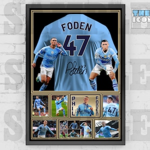 Koszulka piłkarska Man City Icon Phil Foden z nadrukiem z tyłu / plakat / oprawione pamiątki / kolekcjonerskie / podpisane