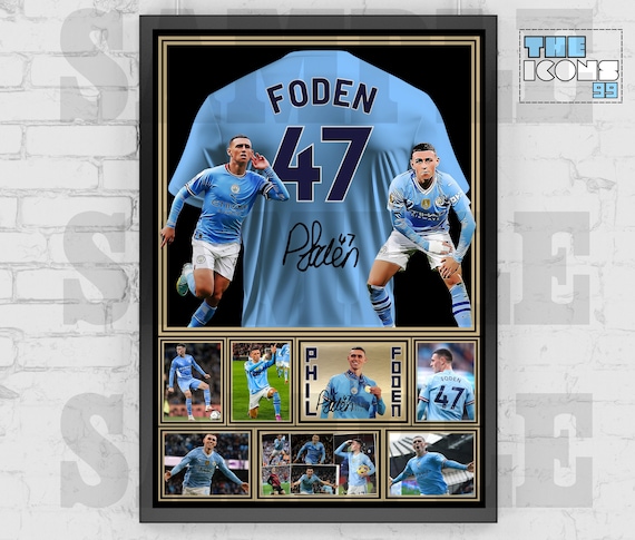 Maillot de football Man City Icon Phil Foden, impression au dos Poster  Souvenirs encadrés Objet de collection Signé