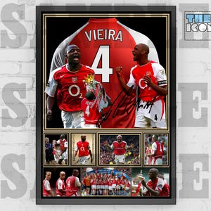 May include: A framed photo collage of a soccer player wearing a red and white jersey with the name "Vieira" and the number "4" on the back. The collage includes photos of the player in action, celebrating goals, and with other players. The photo is signed by the player.