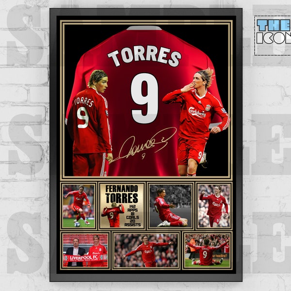 Icône du Liverpool FC Maillot de football FERNANDO TORRES, impression au dos / Poster / Souvenirs encadrés / Objet de collection / Signé