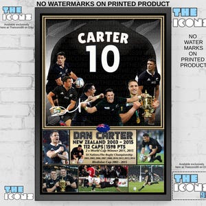 Könnte beinhalten: Eine gerahmte Sport-Collage des Rugbyspielers Dan Carter. Der obere Bereich zeigt den Namen CARTER und die Nummer 10 mit Aktionsfotos. Der untere Bereich enthält Text mit Details zu seinen Karrierestatistiken, Erfolgen und weiteren Fotos.