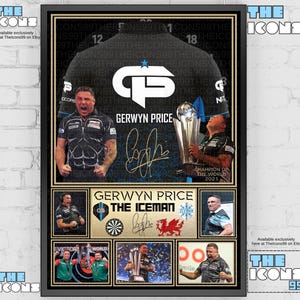 Camiseta, pôster e item de recordação emoldurado de Gerwyn Price, a lenda do dardos, o "Homem de Gelo".