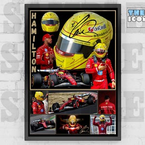 May include: A framed poster featuring images of a Formula 1 driver in a red racing suit and yellow helmet. The poster includes images of the driver, a race car, and a yellow helmet with the driver's signature.