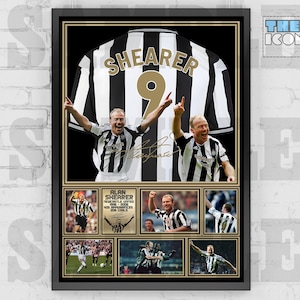 May include: Framed print of Alan Shearer, a Newcastle United football legend. The artwork includes a jersey with "SHEARER 9", images of Shearer in action, and his signature. The background is black with gold accents.