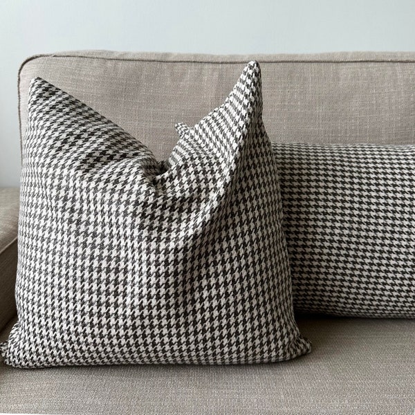 Houndstooth Bone & Mink Color Linen Pillow Cover, 22 Colors Any Size Linen Cushion Cover, Rustic Farmhouse Pillow Case, Invisible Zipper