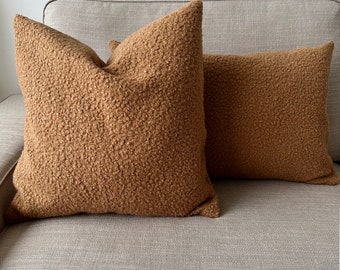 Boucle Camel Comfy Accent Pillow Cover, Extra Soft Pillow Case, Puffy Teddy Lumbar Cushion Cover for Couch Chair or Bed, Invisible Zipper