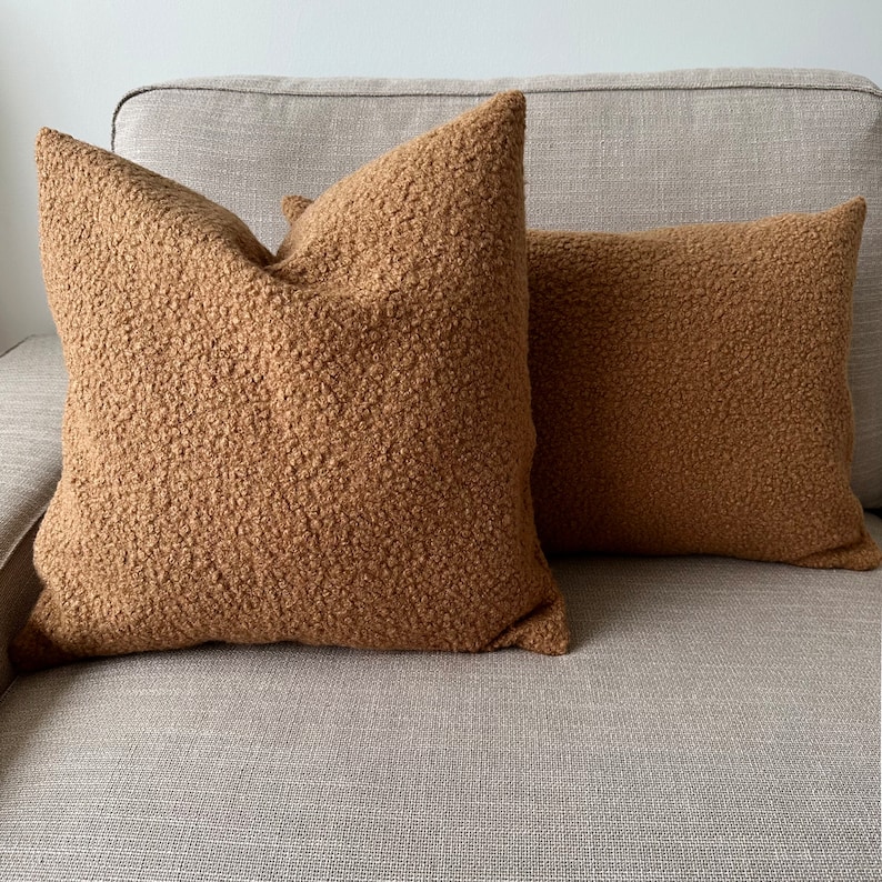 camel color boucle teddy pillow