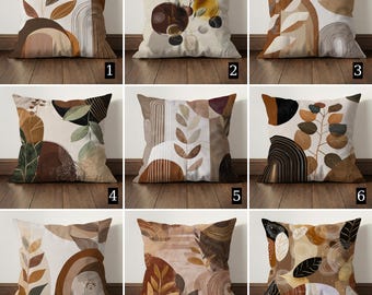 Boho Brown Beige Mid Century Throw Pillow Cover, Earth Tone Abstract Botanical Cushion Case