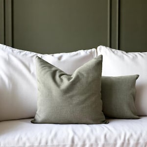 Light Green Linen Throw Pillow Cover, Thick Linen Lumbar Cushion Cover, Any Size Living Room Pillow Case, Hidden Zipper, Farmhouse Decor