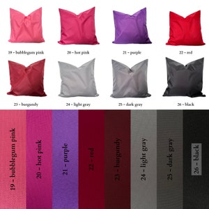 highest quality outdoor cushion covers with bubblegum pink, hot pink, purple, red, burgundy, light gray, dark gray and black colors.