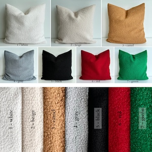 highest quality boucle teddy pillow covers. white, beige, camel, gray, black, red, green.