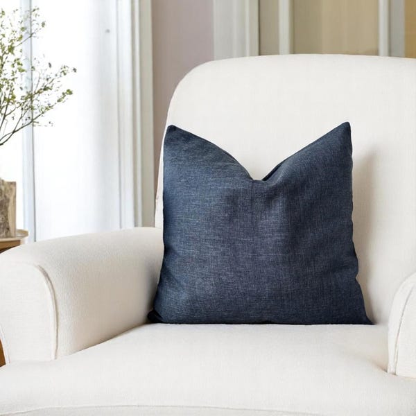 Dunkelblauer Leinenkissenbezug, luxuriöser Leinenkissenbezug, jede Größe, Wohnzimmerdekor, versteckter Reißverschluss, dunkelblauer Kissenbezug, 22x22 cm